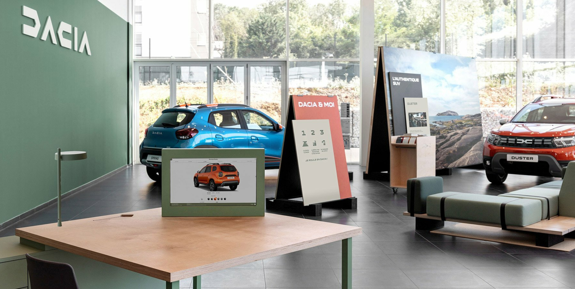 studio 5•5’s eco-friendly car showroom sets flexible furniture on recycled tire bricks