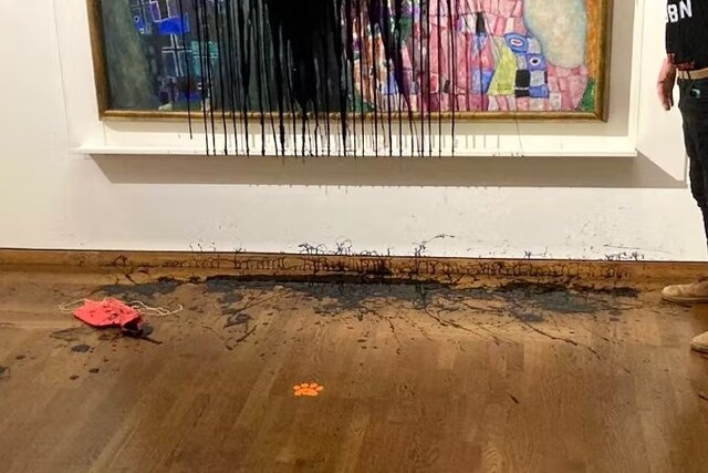 Climate activists throw black liquid at Gustav Klimt painting in Vienna