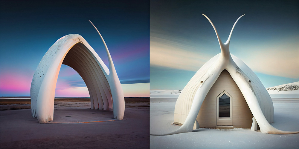 AI imagines surreal structures that fuse arctic land with living forms and mythical figures