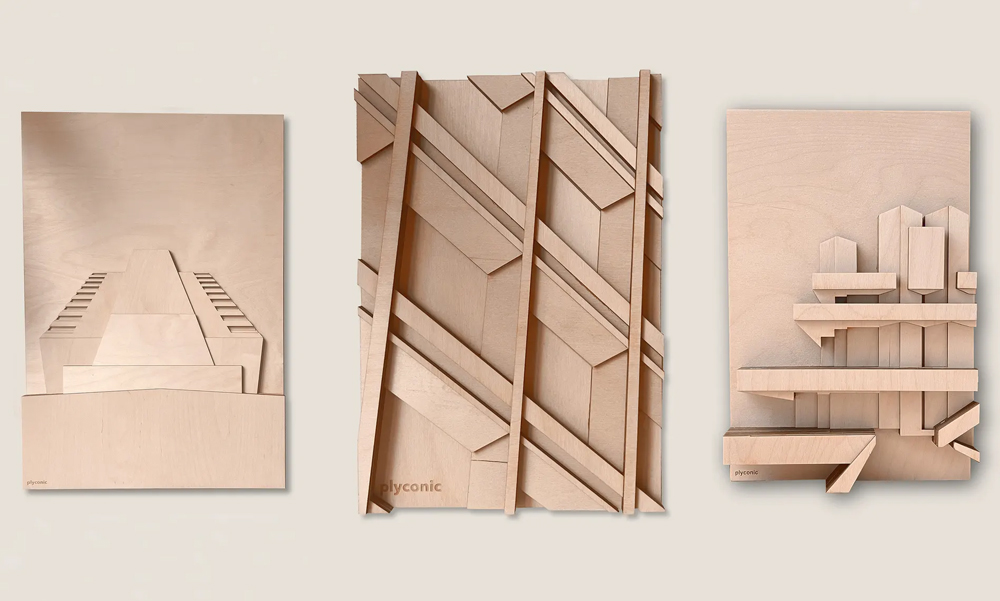 Plywood renderings of modernist buildings