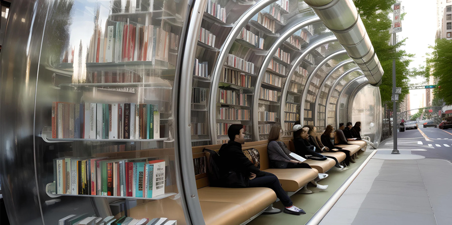 inflatable bus stops double as cozy reading nooks in the city in ulises` midjourney series