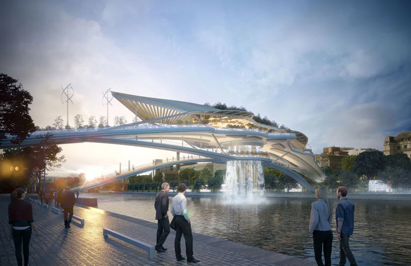 rescubika envisions "babylon bridge" with waterfall over the seine in paris