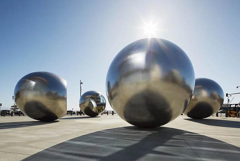 olafur eliasson`s seeing spheres create multilayered, reflected spaces in san francisco