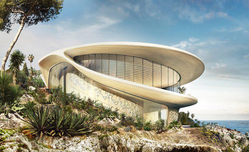 david tajchman proposes private residence on the rocks with curved, aerodynamic form