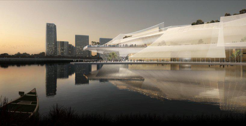 MAD conceives the yiwu grand theater as a boat floating on the water