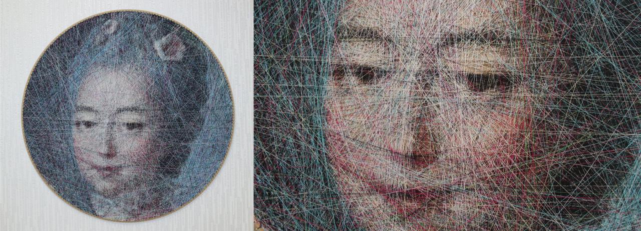 an algorithm and an artist carefully compose portraits from thousands of lines of thread