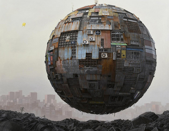 Mosaics of urban remnants shape composite worlds on floating orbs by masakatsu sashie